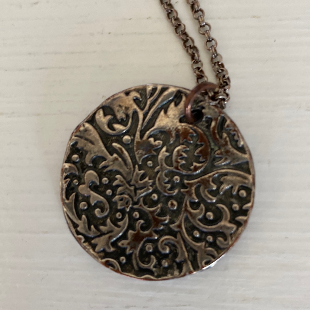Preloved Antiqued Silver Tone AE Embossed Necklace 6$